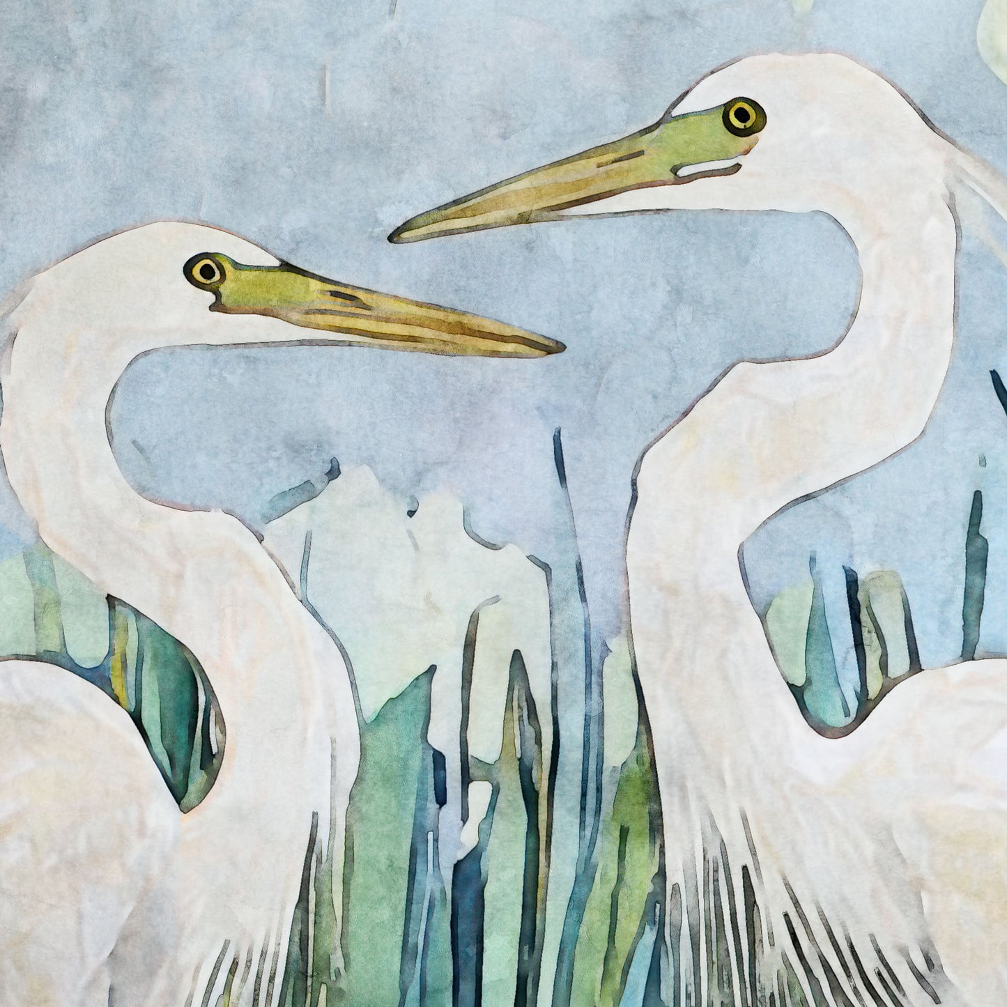 Watercolor painting of two white herons in a natural setting with greenery.