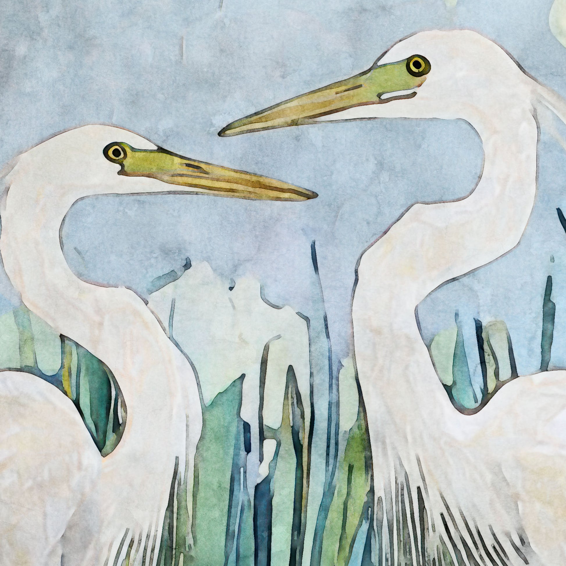 Watercolor painting of two white herons in a natural setting with greenery.