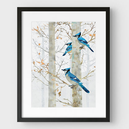 Blue Jay in Birch Forest Art Print