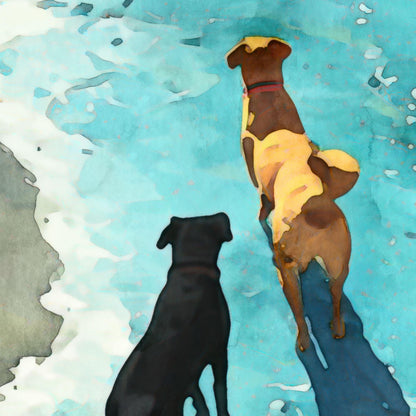 Close-up detail of a watercolor painting showing a golden dog and a black dog walking along the shoreline. Their shadows stretch over turquoise surf as sunlight highlights the warm tones of their coats and the gentle motion of the waves.
