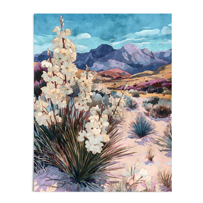 Watercolor-style desert landscape painting featuring tall blooming yucca plants in the foreground, rolling sandy terrain with scattered shrubs, and purple-hued mountains beneath a vivid blue sky with soft clouds.