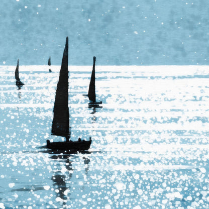 Painterly illustration of four sailboats with black sails gliding across shimmering blue water. The surface sparkles with sunlight, rendered in soft, splattered white highlights. The distant boats fade into a hazy blue horizon under a pale sky, evoking a dreamy, tranquil atmosphere.
