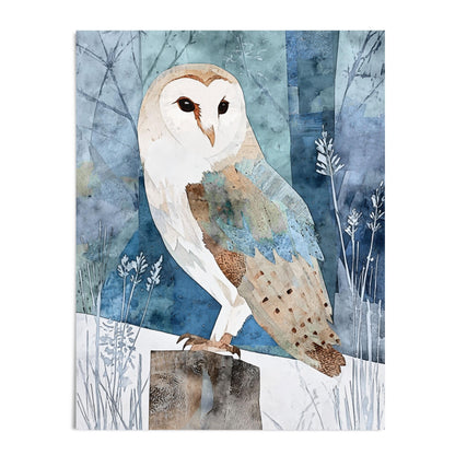 Watercolor-style illustration of a barn owl perched on a wooden stump, surrounded by delicate grasses and abstract blue-toned foliage. The owl’s soft white face and golden-brown feathers contrast with the cool teal and indigo background, creating a tranquil, nature-inspired composition.