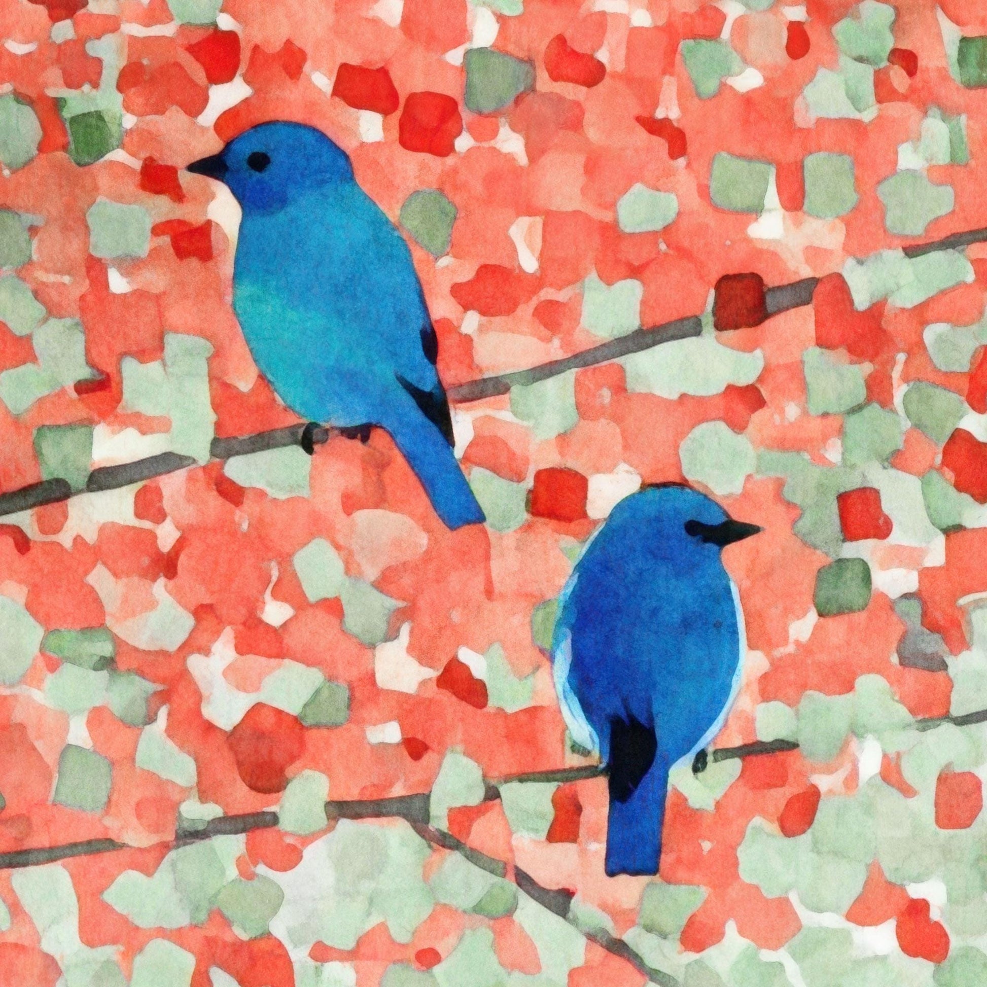 Close-up watercolor illustration of two vivid bluebirds perched on thin branches, surrounded by mosaic-style leaves in warm coral red and soft green hues, creating a serene, abstract autumn scene.