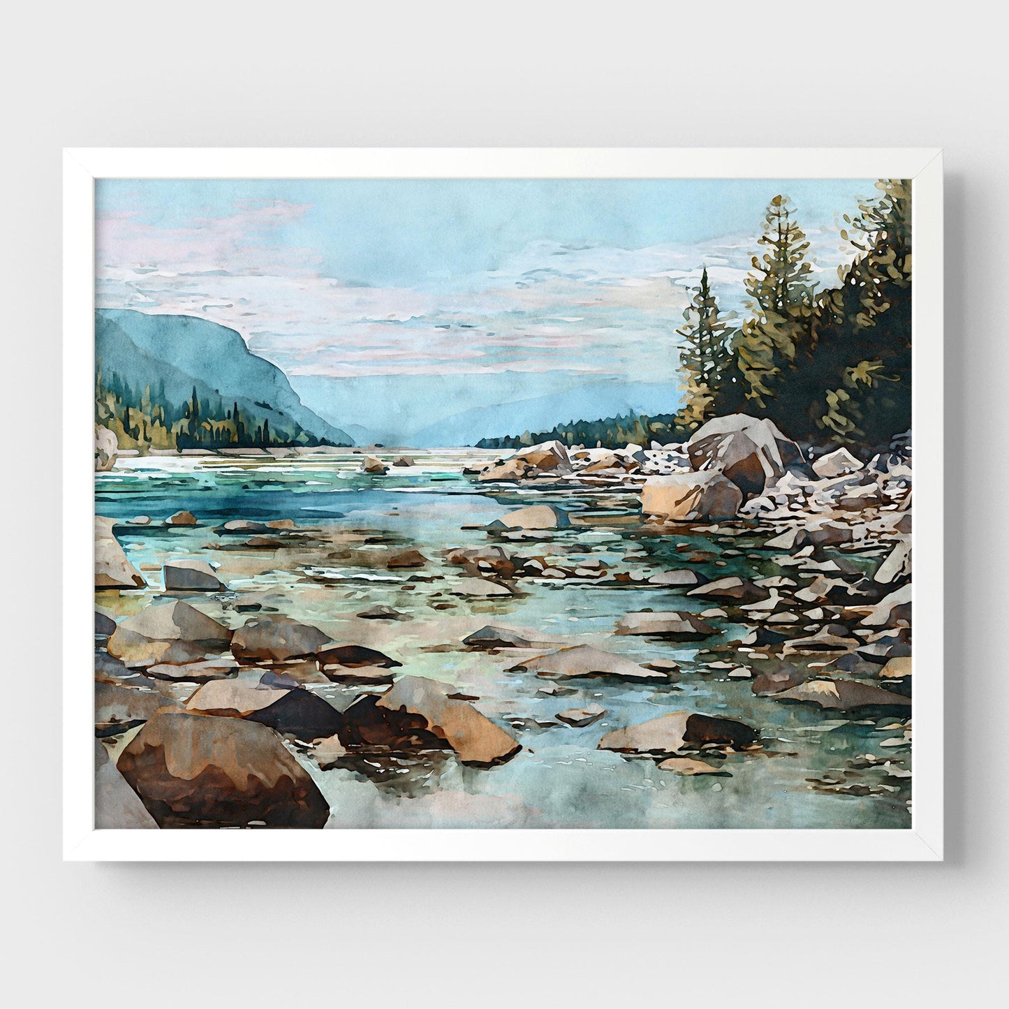 Mountain River Watercolor Art Print
