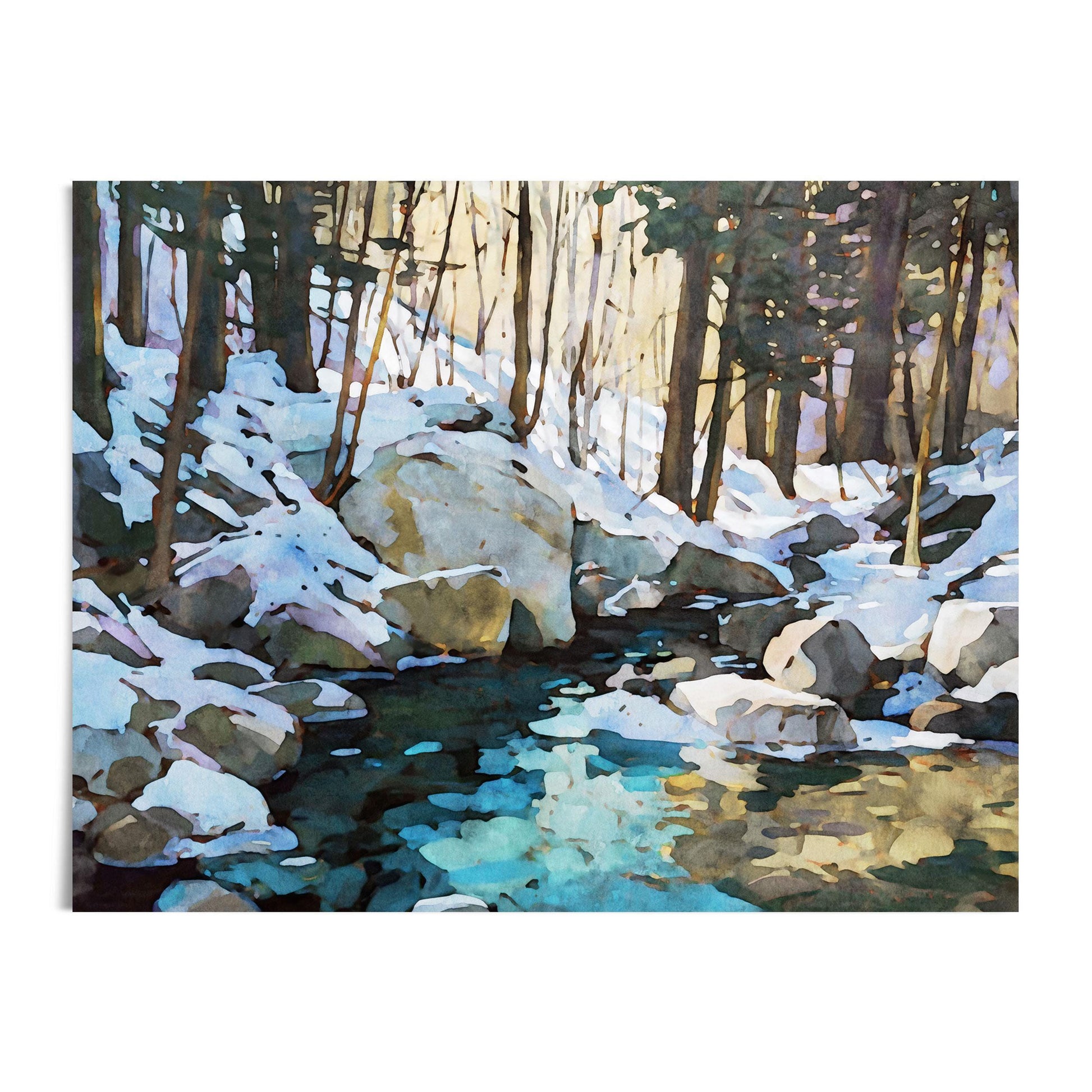 Watercolor-style painting of a winter forest scene with snow-covered rocks, tall trees, and a reflective stream. Sunlight filters through the trees, casting warm golden tones against the cool blues and greens of the water, creating a tranquil and serene landscape.