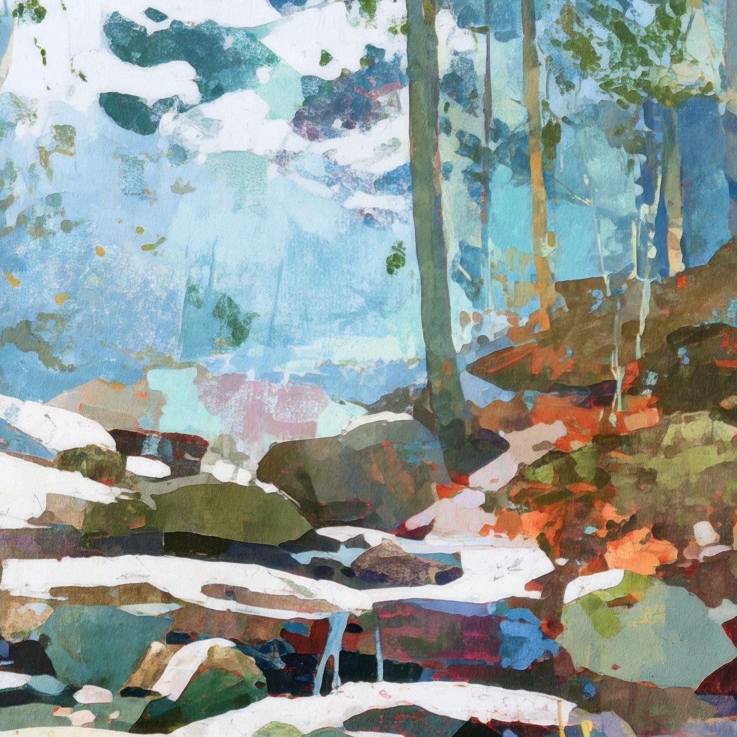 Close-up of a modern impressionist forest stream painting featuring sunlit trees, moss-covered rocks, and patches of snow. The artwork blends cool blue and green tones with warm orange and rust accents, creating a tranquil woodland atmosphere with layered, textured brushwork.