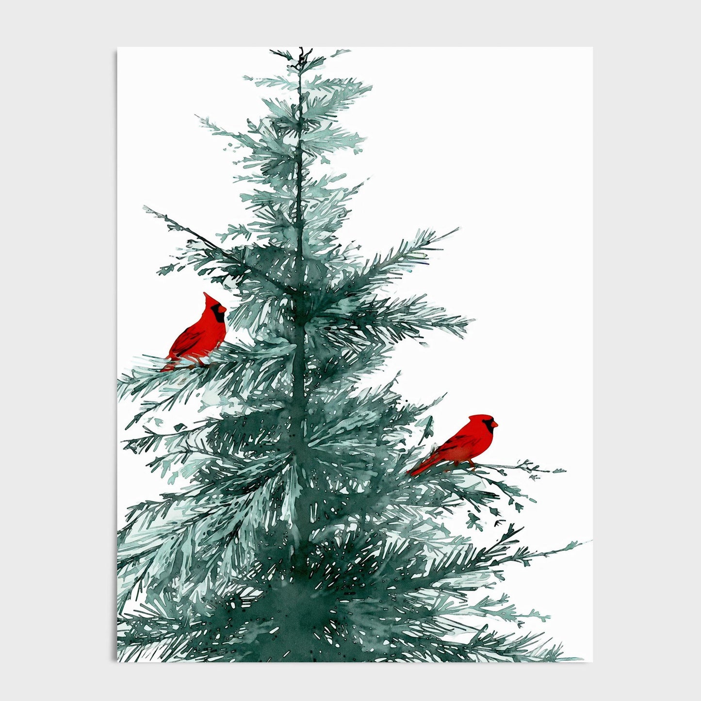 Watercolor painting of a tall evergreen tree with two vivid red cardinals perched on its branches, set against a clean white background for a minimalist, nature-inspired look.