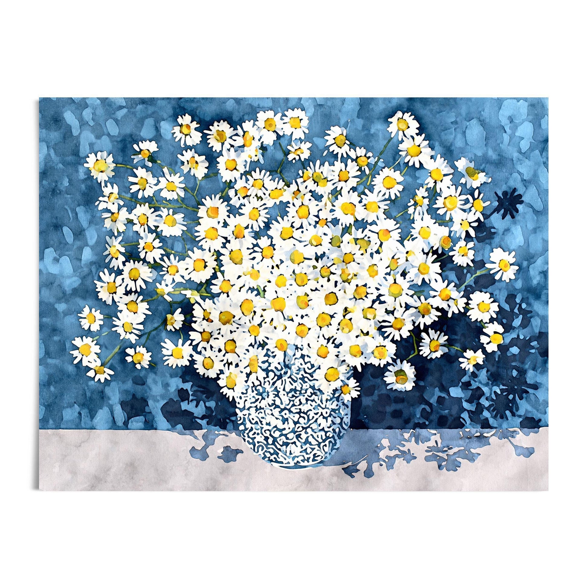 Watercolor-style artwork of a bouquet of white daisies with yellow centers in a blue patterned vase, set against a textured deep blue background with a soft gray tabletop. The floral arrangement fills the composition with bright, cheerful contrast.