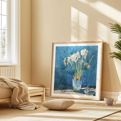 Large framed art print of white narcissus flowers in a mottled blue pot against a deep blue background, leaning casually against a wall. The scene is styled in a cozy, sunlit bedroom with beige tones, a low bed draped in a blanket, a cushion on the floor, and a ceramic mug nearby. Soft natural light and shadows create a calm, minimalist atmosphere.
