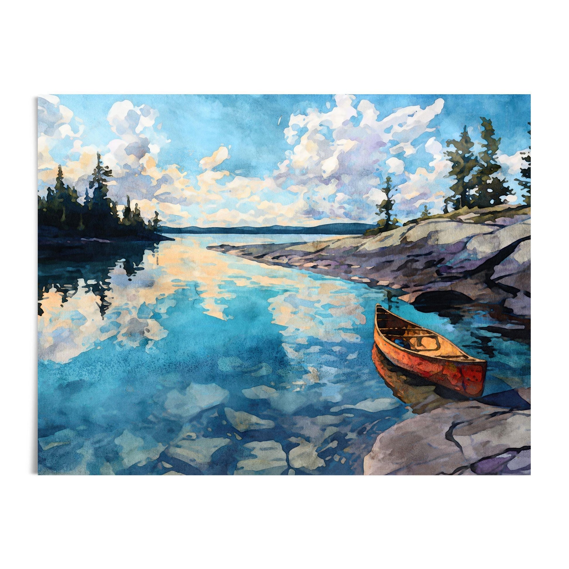 Watercolor painting of a peaceful lake scene with a red canoe resting on rocky shoreline, calm blue water reflecting pine trees, clouds, and sky at sunset, creating a tranquil wilderness atmosphere.