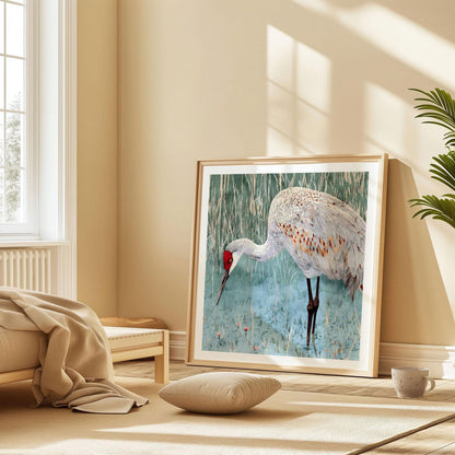 Large framed watercolor painting of a sandhill crane with a red crown and gray feathers, standing in marshy blue-green water with tall grasses. The artwork leans against a beige wall in a serene bedroom with soft sunlight, a low wood bed, neutral bedding, a cushion on the floor, and a ceramic mug nearby.