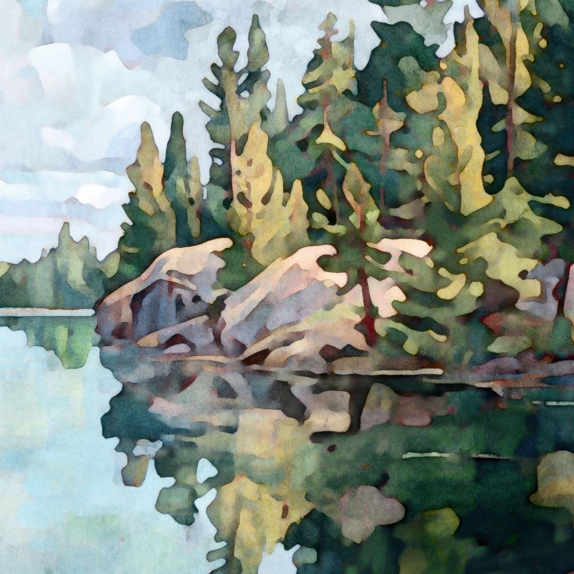 Close-up section of a watercolor-style landscape painting, showing pine trees and large granite rocks along a calm lake. The green trees and pale stone are reflected in the still blue-green water, with soft brushstrokes creating a serene, impressionistic effect.