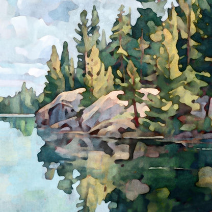 Close-up section of a watercolor-style landscape painting, showing pine trees and large granite rocks along a calm lake. The green trees and pale stone are reflected in the still blue-green water, with soft brushstrokes creating a serene, impressionistic effect.