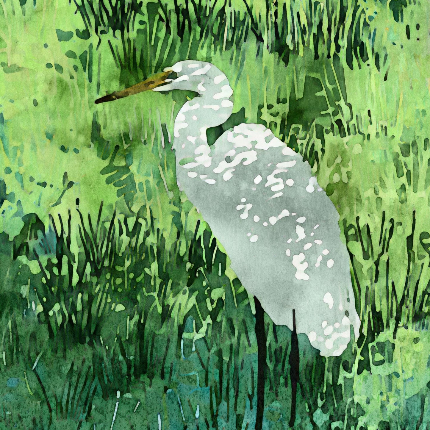 Close-up view of a watercolor-style painting featuring a white egret standing in tall green grasses. The delicate brushstrokes and layered textures create a vibrant, painterly effect, highlighting the bird’s graceful form against a richly detailed natural background.