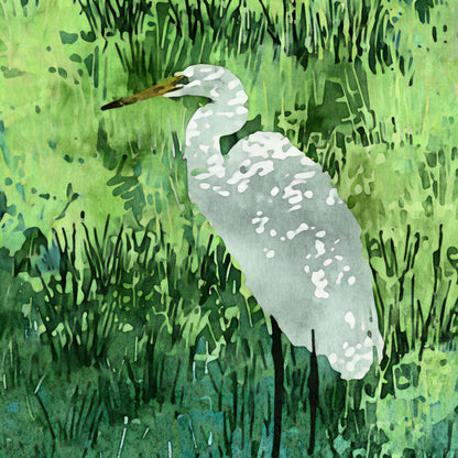 Close-up view of a watercolor-style painting featuring a white egret standing in tall green grasses. The delicate brushstrokes and layered textures create a vibrant, painterly effect, highlighting the bird’s graceful form against a richly detailed natural background.