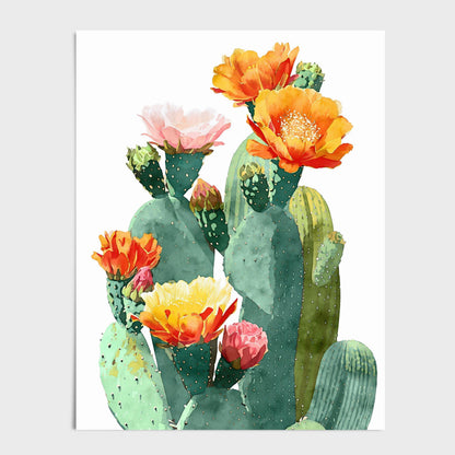 Watercolor illustration of a prickly pear cactus with multiple blooming flowers in shades of orange, yellow, pink, and red, painted against a clean white background.