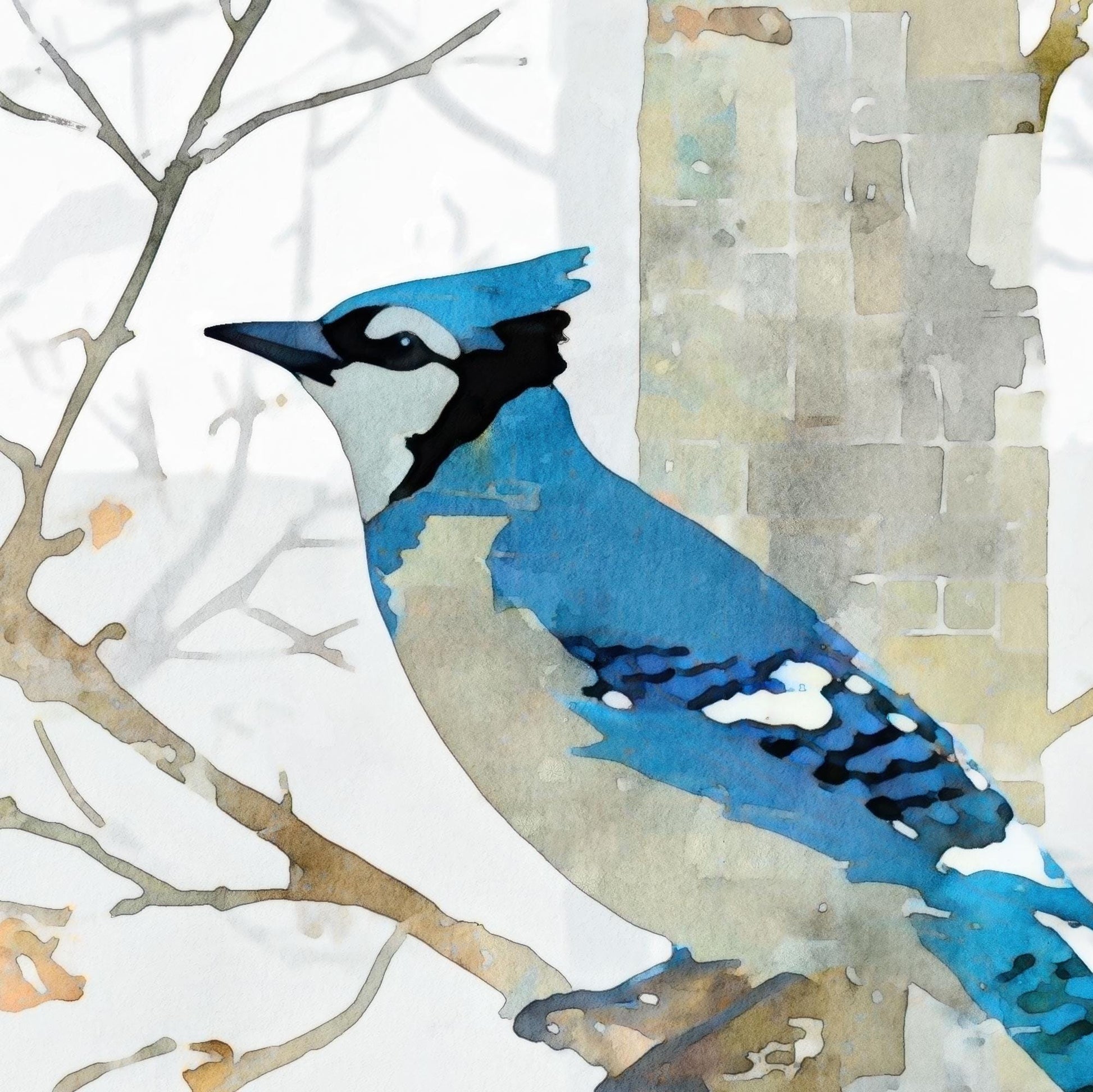 Close-up watercolor-style illustration of a blue jay perched on a branch. The bird’s vivid blue feathers and black markings stand out against soft birch bark textures and pale, delicate branches in the background, creating a gentle winter woodland feel.