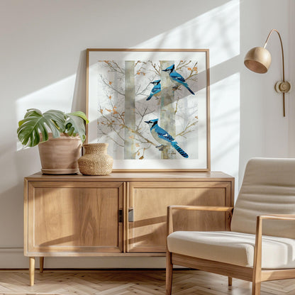 Framed art print of three vibrant blue jays perched on pale birch trees, set against soft branches and muted leaves. The artwork sits on a warm wood sideboard with a terracotta planter, woven vase, and nearby cream upholstered chair. Sunlight casts soft shadows across the bright, minimalist room.