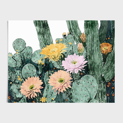 Watercolor illustration of blooming cacti, with green prickly pear pads and tall cactus stems adorned with large flowers in soft peach, pale pink, golden yellow, and warm orange hues, set against a clean white background.