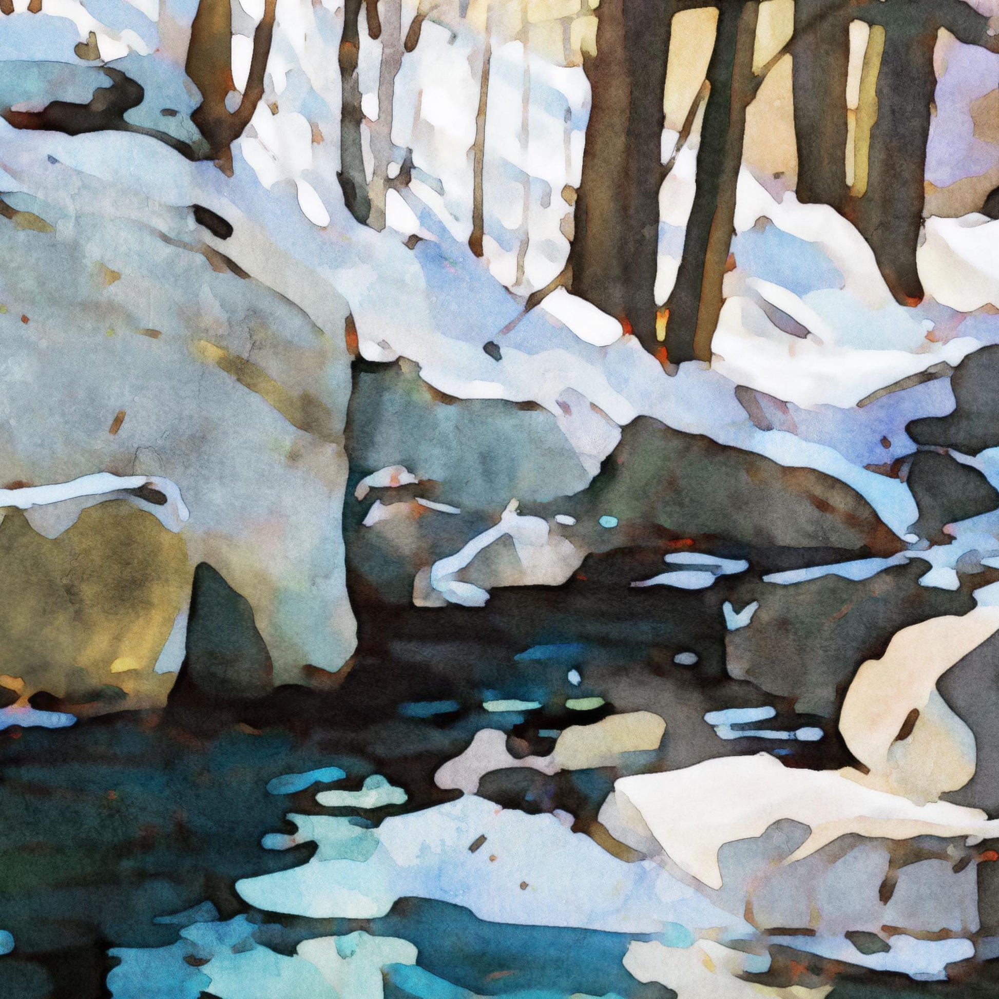 Close-up detail of a watercolor-style winter forest painting, focusing on snow-covered rocks, tree trunks, and a stream with reflections in deep blues and greens. The brushwork highlights soft textures and light contrasts, creating an abstract yet serene impression of the natural scene.