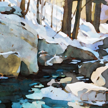 Close-up detail of a watercolor-style winter forest painting, focusing on snow-covered rocks, tree trunks, and a stream with reflections in deep blues and greens. The brushwork highlights soft textures and light contrasts, creating an abstract yet serene impression of the natural scene.