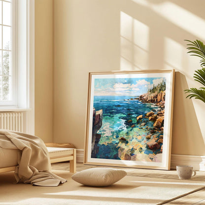 Framed watercolor-style coastal artwork leaning against a beige wall in a sunlit minimalist room. The painting depicts rocky cliffs, turquoise waters, and a bright sky with clouds. The frame rests on a light rug beside a low bed with a tan blanket, a floor cushion, a mug, and a potted plant, creating a serene, cozy atmosphere.