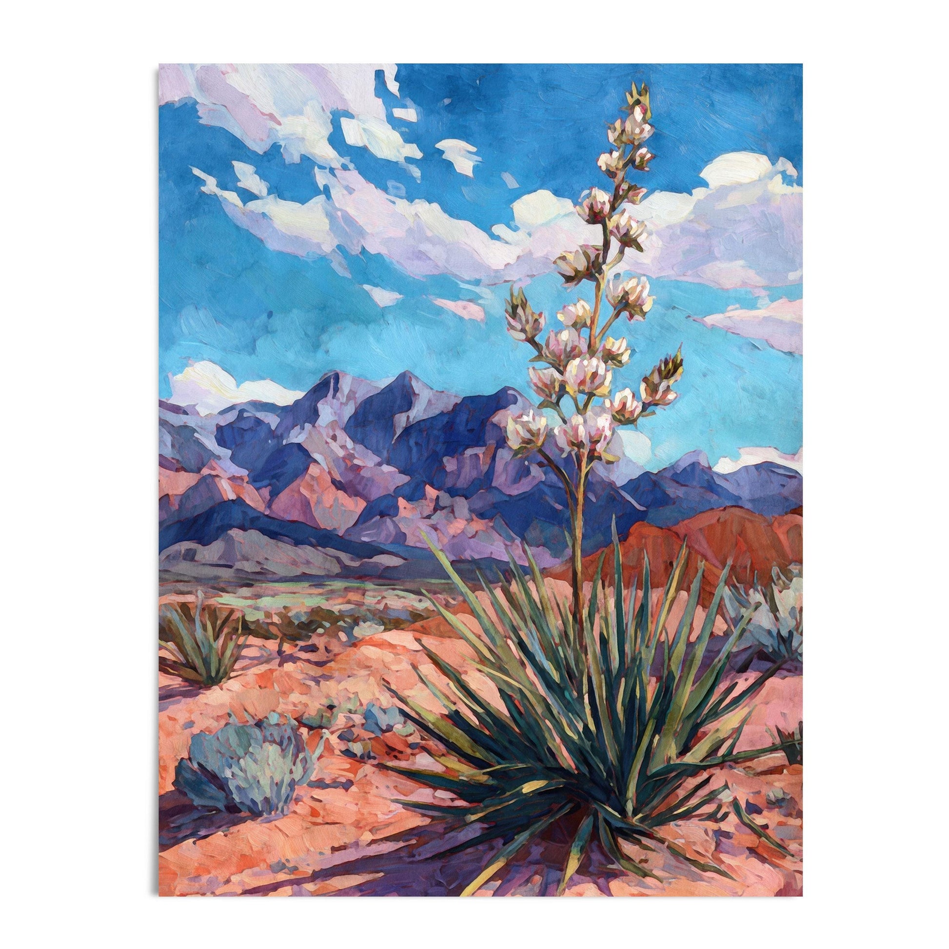 Colorful desert landscape painting featuring a blooming yucca plant in the foreground with sharp green leaves and white flowers. Behind it rise purple and red mountains under a vivid blue sky filled with wispy clouds. The artwork has bold, faceted brushstrokes and a modern impressionist style, evoking warmth and depth in the desert scene.