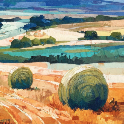 Close-up of an impressionist-style countryside painting showing golden fields with large round hay bales in the foreground. Rolling hills in shades of teal, green, and blue stretch into the distance with scattered clusters of dark trees.