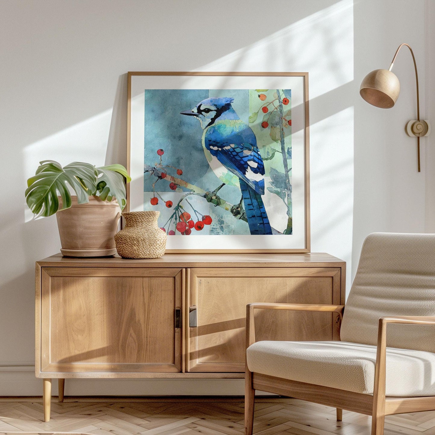 Framed watercolor print of a blue jay perched on a berry branch, displayed on a mid-century wooden cabinet in a bright, sunlit room. The bird’s vivid blue and turquoise feathers contrast with red berries and a patchwork of blue-green tones. A potted monstera, woven vase, and modern beige armchair complete the cozy minimalist setting, with soft sunlight casting natural shadows on the wall.