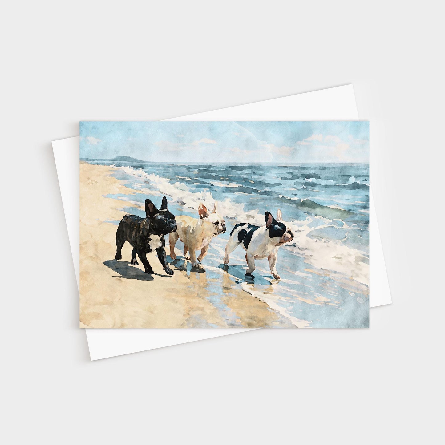 Three French Bulldogs Beach Note Card
