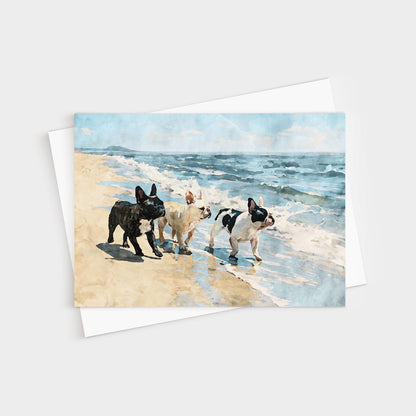 Three French Bulldogs Beach Note Card