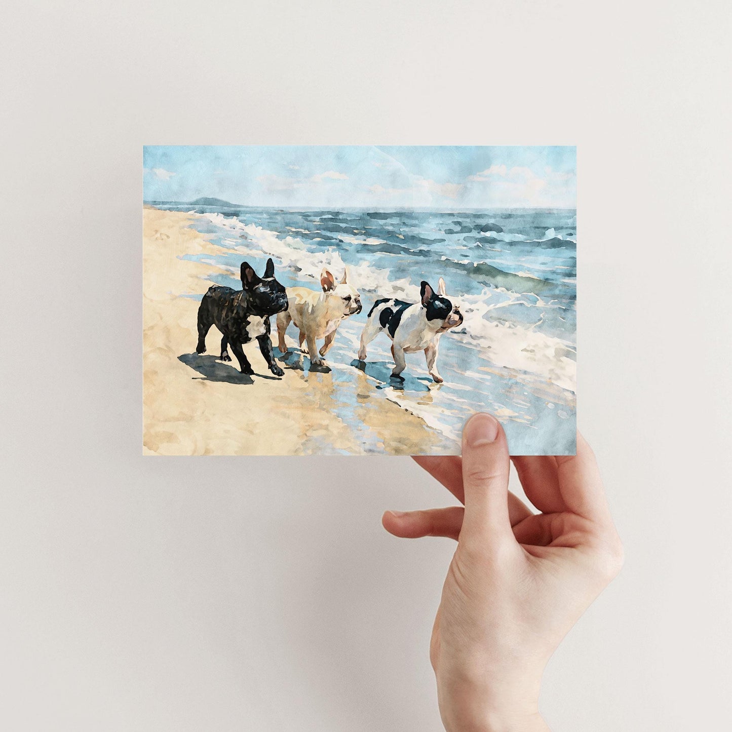 Three French Bulldogs Beach Note Card
