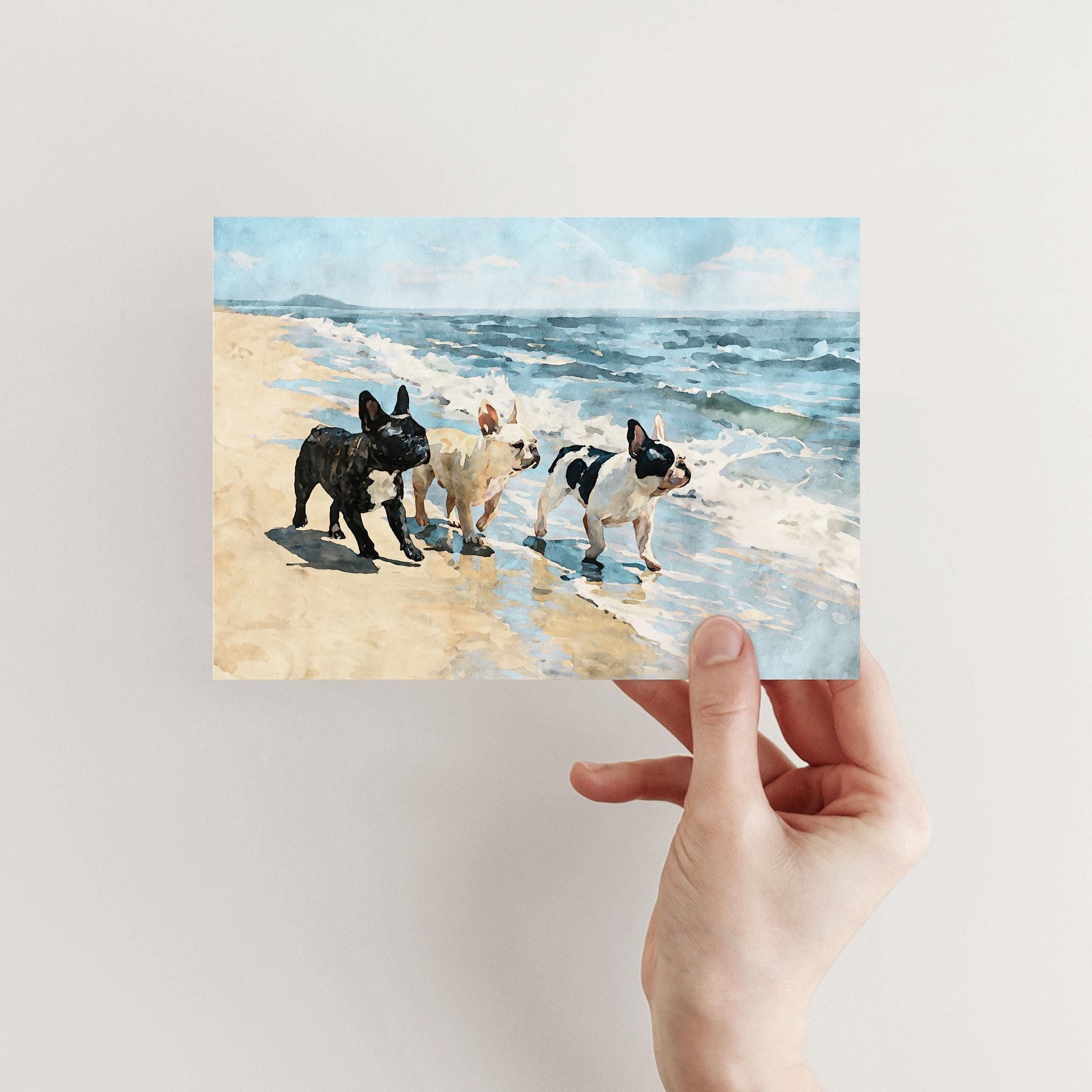 Three French Bulldogs Beach Note Card