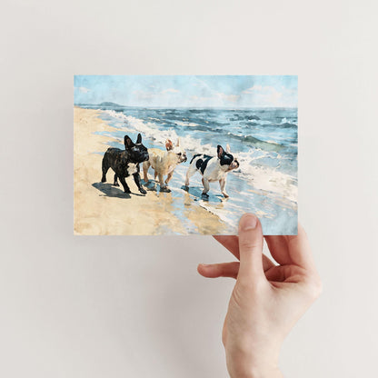 Three French Bulldogs Beach Note Card