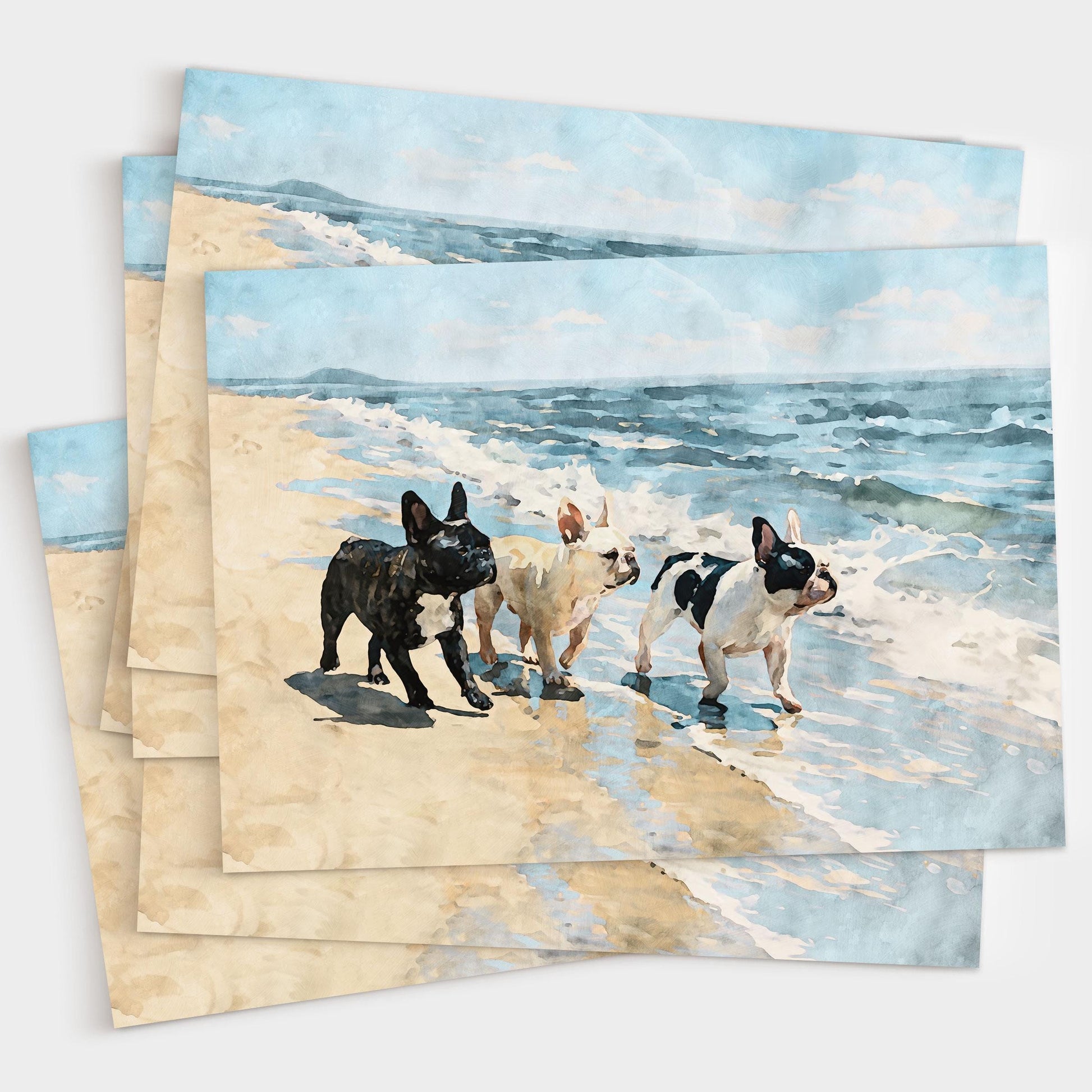 Three French Bulldogs Beach Note Card