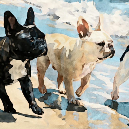 Three French Bulldogs Beach Note Card