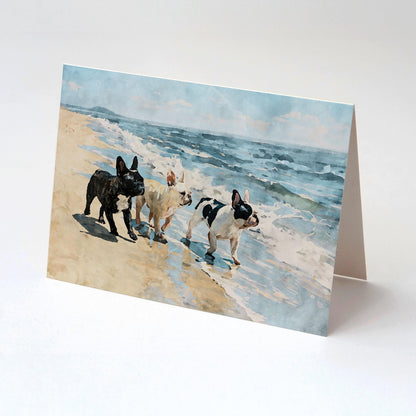 Three French Bulldogs Beach Note Card