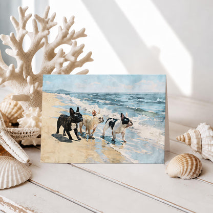 Three French Bulldogs Beach Note Card