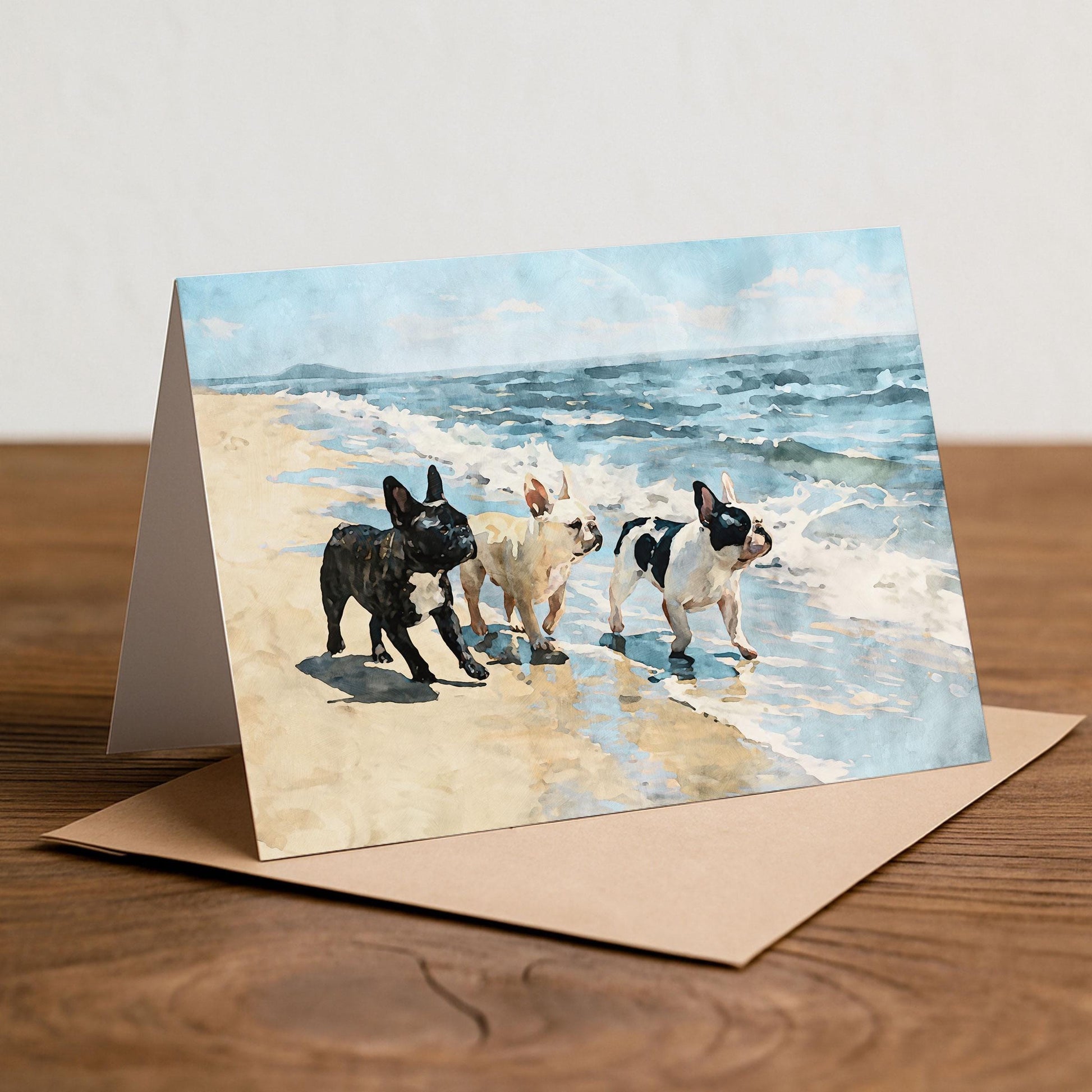 Three French Bulldogs Beach Note Card
