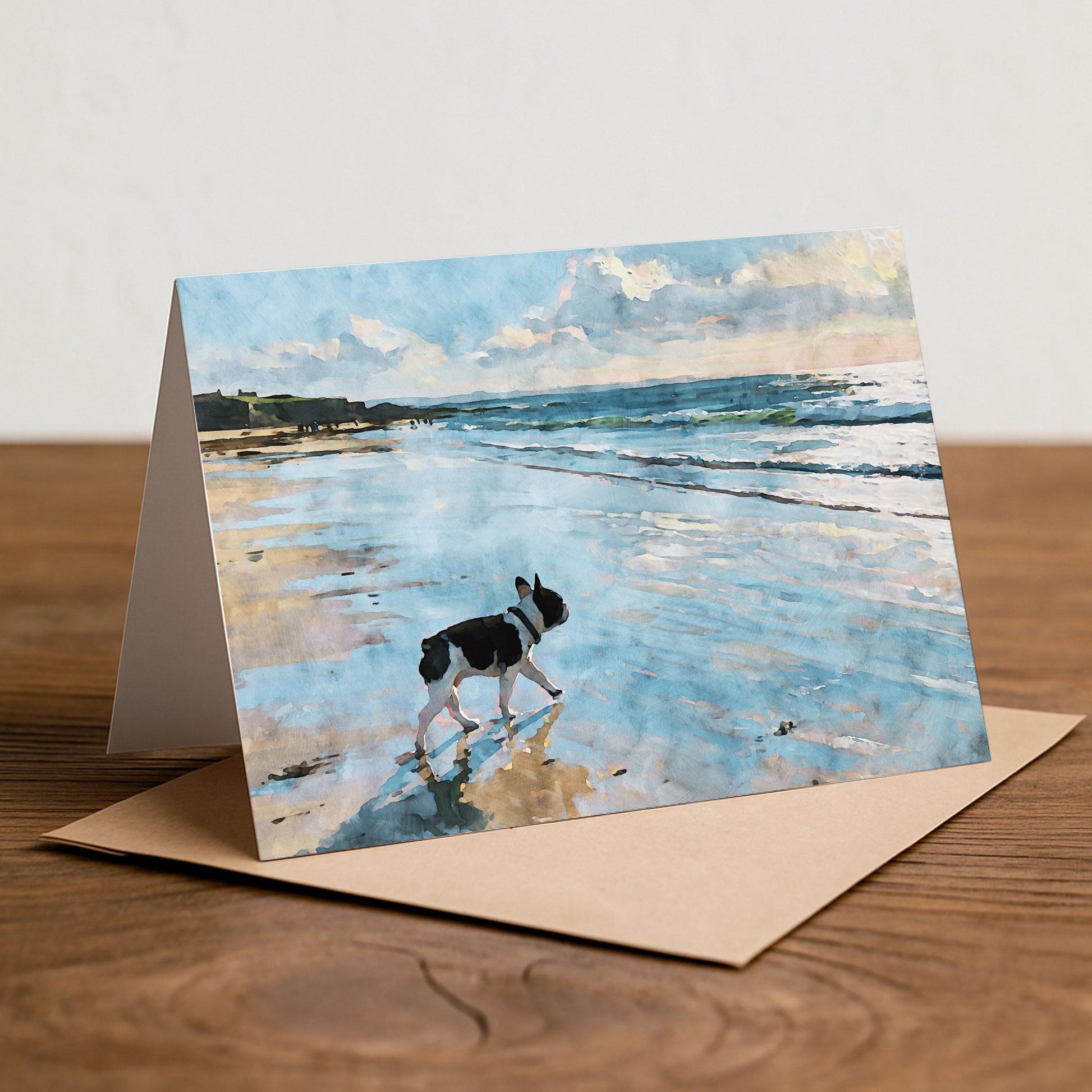Pied French Bulldog Beach Note Card